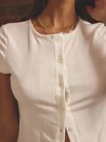 Aralina 女士纯色前扣短袖睡衣上衣 - 白色 - 查看 5