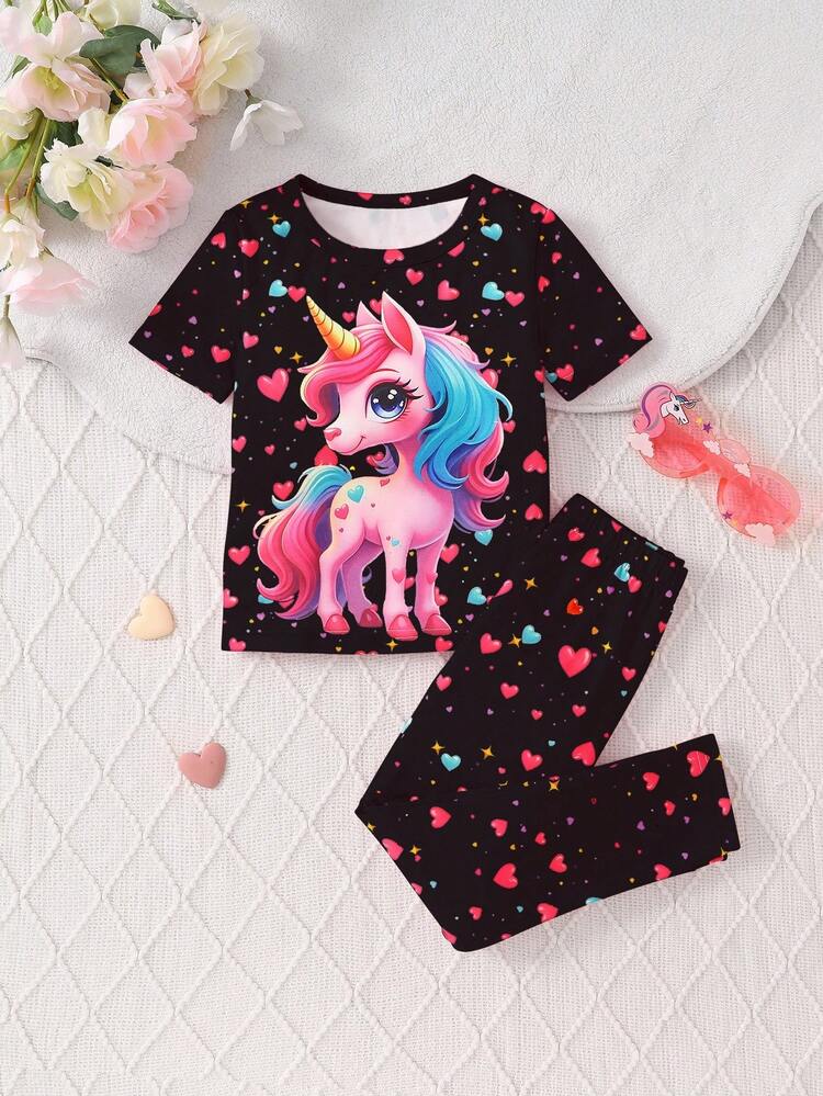 2 piezas Conjunto de top de manga corta y pantalones con estampado de unicornio y corazón que brillan en la oscuridad para niñas pequeñas, adecuado para uso al aire libre - Negro - Añade 6