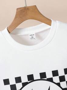 SHEIN 少女休闲日常优雅通勤长袖笑脸棋盘格圆领卫衣，适合秋冬季穿着，适合上学、度假和外出。 - 白色 - 查看 3