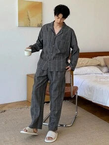DAZY 格子衬衫搭配长裤，多色宽松男士家居服套装，秋季、秋冬季睡衣