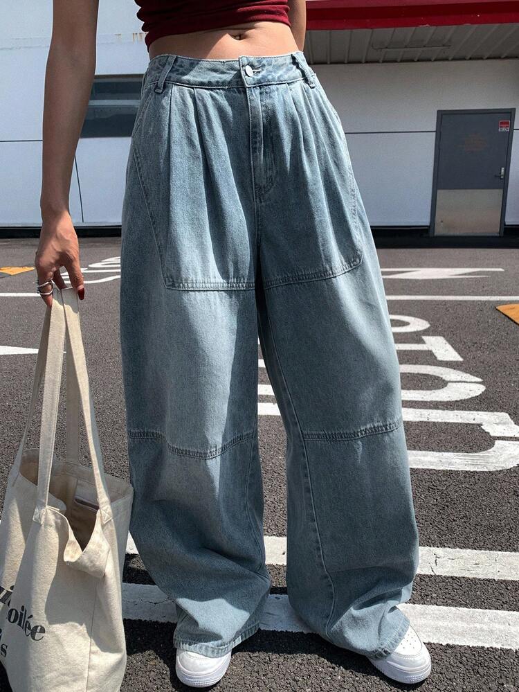 Women's Regular Waist Pleated Loose Wide Leg Jeans, Casual Street Style Y2k
