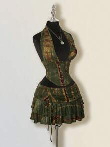 SHEIN ICON 女士扎染两件套，嬉皮风格扎染低胸超迷你裙，两件超低腰套装 - 軍綠色 - 查看 10