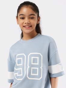 SUMWON Conjunto feminino de duas peças oversized com estampa de números, composto por moletom e calça pantalona. Ideal para o outono e inverno. - Baby Azul - Ver 5