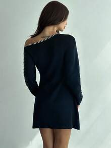 Firerie Women's Black Pearl Beaded Asymmetric Collar Long Sleeve Cinched Waist A-Line Short Sweater Dress, Sexy & Elegant For Daily Commute In Fall/Winter - Black - View 3