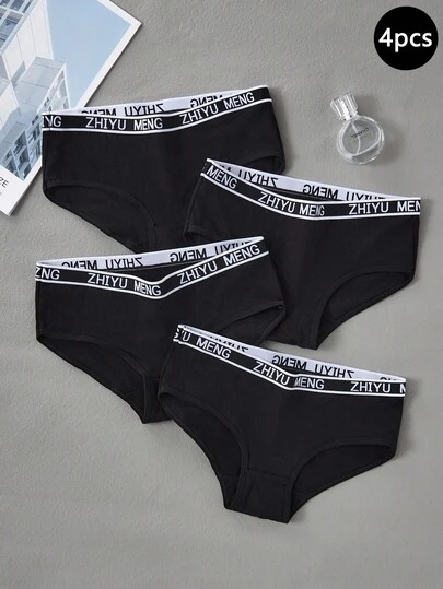 Cute Black Fabric Graphic Print Short Panties For Tween Girls 4-Pack With Tape Details Fall Winter