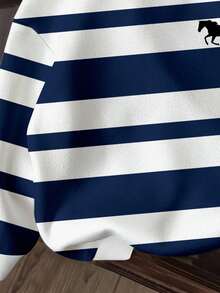 Tween Boy Casual Minimalist Comfortable Warm College Style Striped Classic Sporty Loose Fit Long Sleeve Sweatshirt, Suitable For Autumn/Winter