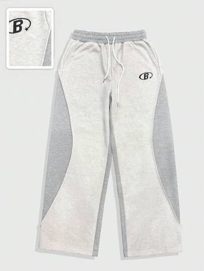 Street Life Men's Letter Print Contrast Color Drawstring Waist Pocket Wide Leg Loose Pants, Fall