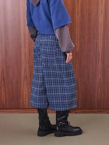 COUREZ Low Rise Longline Check Shorts /Y2K Going Out Outfits  Women Clothes  Clothes Spring Clothes Back To School Wide Leg Pants - Navy Blue - View 4