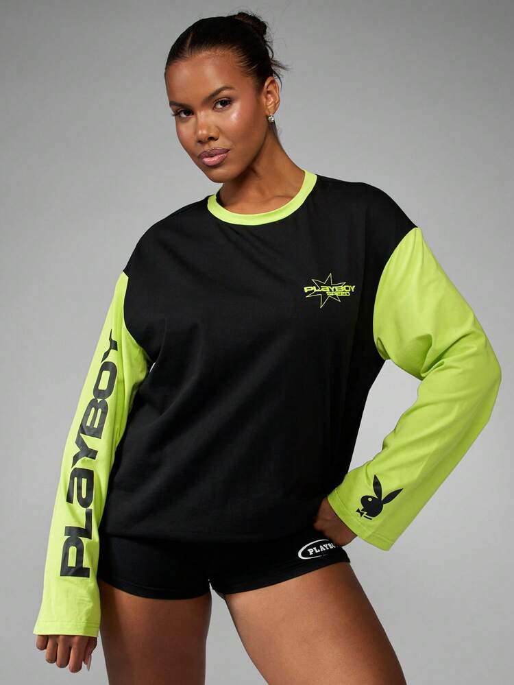 Missguided x Playboy Cotton Long Sleeve Color Block Graphic Tee With Neon Green Sleeves And Star Logo Design