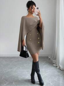 Elenzga 2 Pieces Vintage Asymmetrical Knit Poncho Cape Slip Dress Women's Suit, High-End Atmosphere Sweater Set, Autumn/Winter 2025 New Arrival Fall Cloth For Women - Multicolor - View 5
