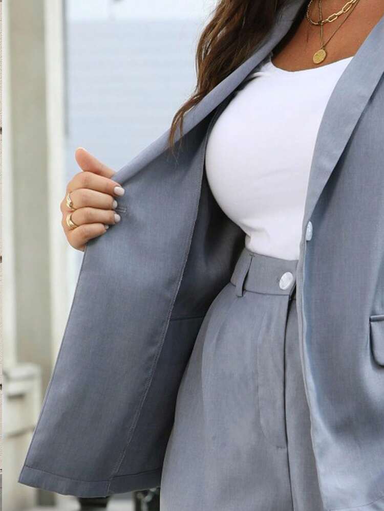 Plus Size Women Solid Color Lapel Roll-Up Sleeve Jacket And Pants Casual Suit Set Autumn/Winter Business Casual Women's Two Piece Outfits, Gray Business Suit Fall
