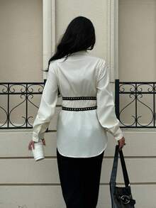 Siren Gaze 女士黑色铆钉腰衬衫，秋冬新品 - 黑色 - 查看 2