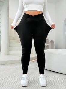 SHEIN EZwear Plus Size Women Solid Color Slim Fit High Stretch Leggings,Fall Clothes For Women