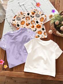 Baby Girl 3pcs Cute Halloween Set, White & Purple & Apricot Yellow Simple Round Neck Short Sleeve T-Shirts, Suitable For Street Style, Home, Party - Multicolor - View 2