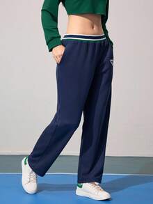 CourtClass CourtClass 女士休闲宽松字母印花撞色罗纹腰带直筒口袋长款运动裤，适合日常穿着和网球运动 - 藏蓝色 - 查看 5