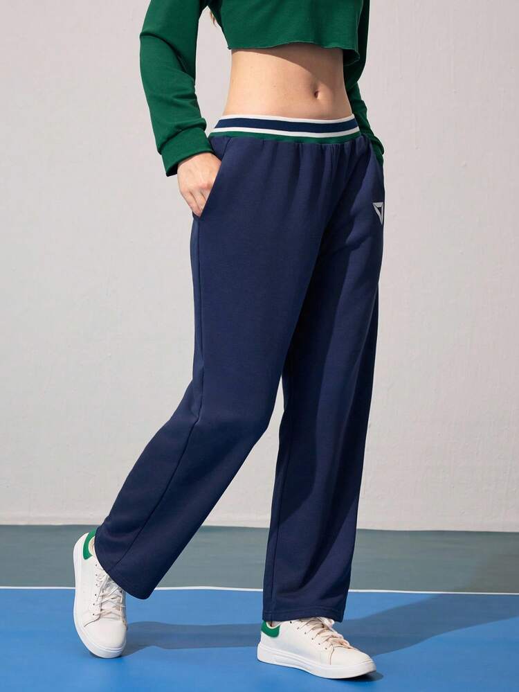 CourtClass CourtClass Women's Casual Loose Fit Letter Print Contrast Color Ribbed Waistband Straight Leg Pockets Long Sporty Pants, Suitable For Daily Wear And Tennis - Navy Blue - View 5