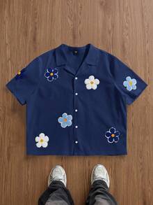 EASEVO Plus Size Men's Casual Loose White Floral Print Woven Shirt - Navy Blue - View 1