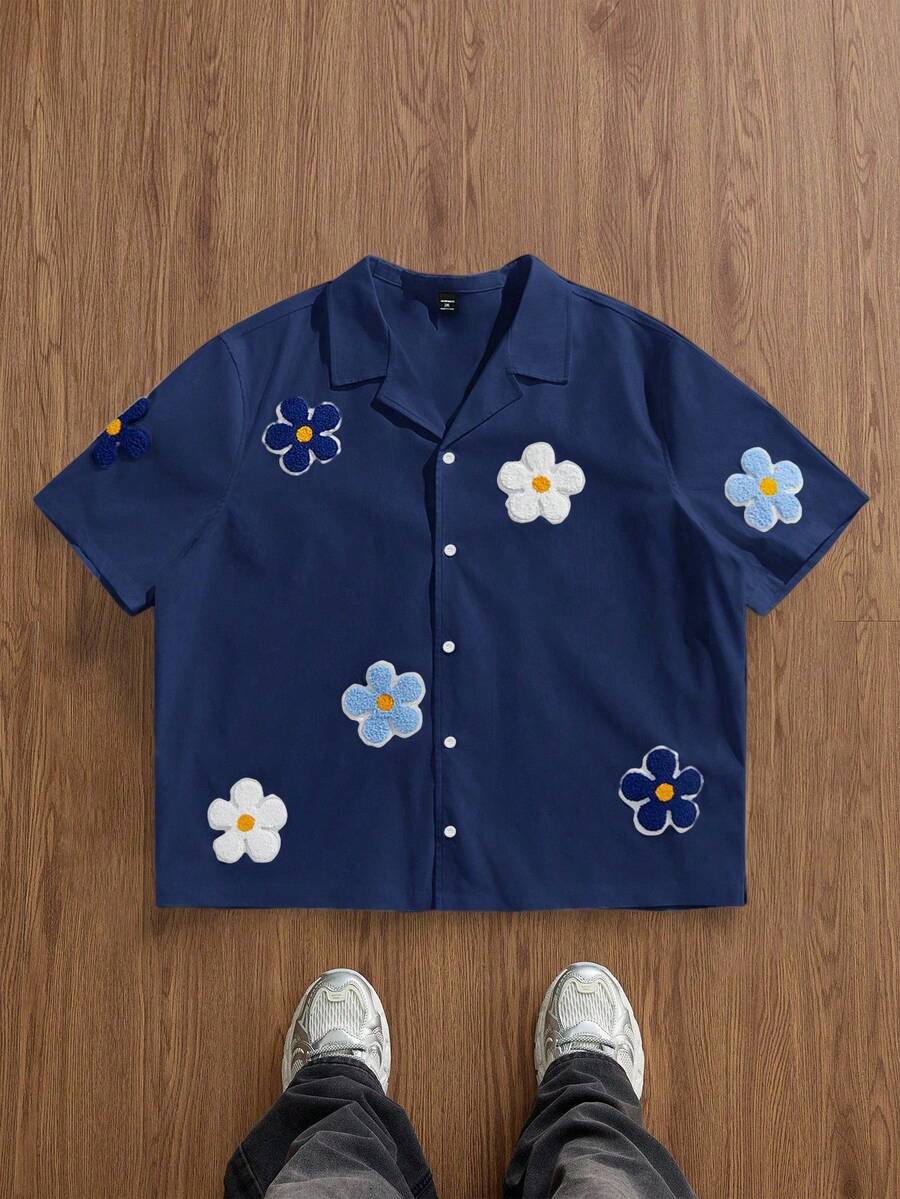 EASEVO Plus Size Men's Casual Loose White Floral Print Woven Shirt - Navy Blue - View 1