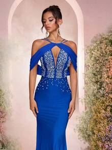 Glamrae 优雅奢华水钻弹力针织露肩美人鱼泳衣，适合婚礼、派对、度假、庆典、正式场合（重型） - 寶藍色 - 查看 5
