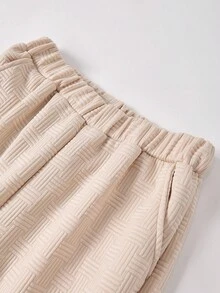 SHEIN 1 套青少年男童休闲格子提花圆领长袖上衣和裤子，常规厚度，日常穿着，秋季 - 杏色 - 查看 5