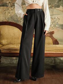 Anewsta Pantalon de costume ample et droit en satin pour femme, coupe patchwork, à la mode et polyvalente, avec poches et ceinture, collection automne/hiver