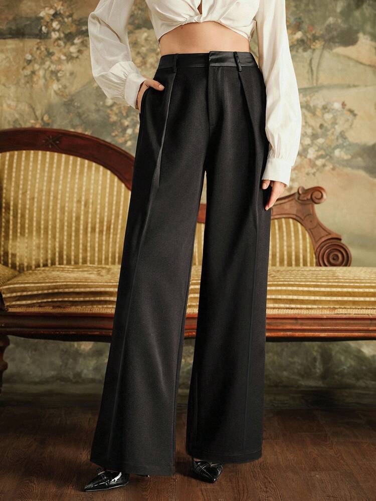 Women's Fashionable Versatile Commuter Satin Patchwork Waistband Pocket Wide Leg Straight Suit Pants, Autumn/Winter