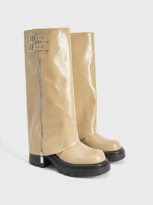 Sugerpunk Sepatu Bot Fashion Wanita dengan Desain Gesper, Sol Tebal, Hak Tinggi, Panjang Setengah Betis, Cocok untuk Pemakaian Sehari-hari - Khaki - View 2