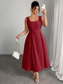 Elenzga 大码女式领结 A 字形抽绳腰部优雅连衣裙，适合生日、夏季、婚礼宾客、毕业典礼 - 酒紅色 - 查看 5