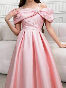 SHEIN 少女蝴蝶结露肩修身喇叭裙，粉色，适合派对 - 粉色 - 查看 6