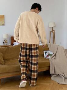 DAZY 男士字母刺绣抓绒卫衣和格子裤家居服套装，秋冬季，蓬松舒适睡衣