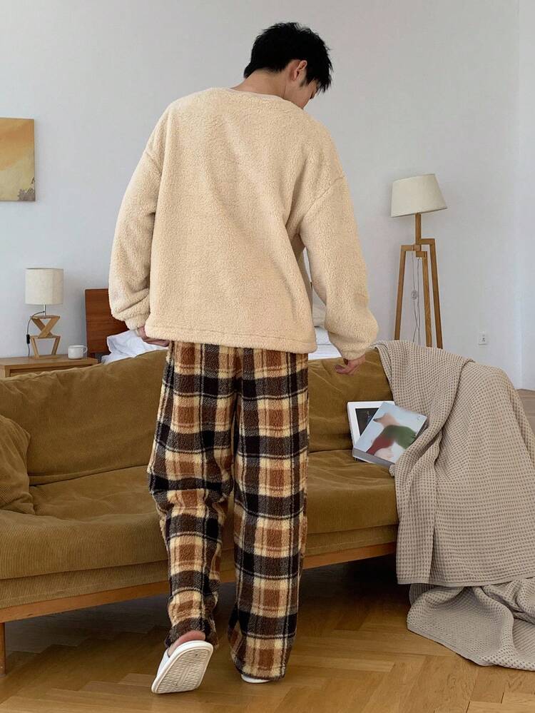 Men's Letter Embroidery Design Fleece Sweatshirt And Plaid Pants Loungewear Set, Autumn/Winter, Fall Clothes Fluffy Pajama, Cozy