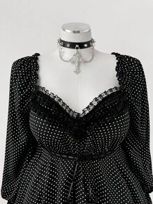 Sunspun Plus Size Polka Dot Lace Patchwork Long Sleeve Asymmetrical Hem Blouse