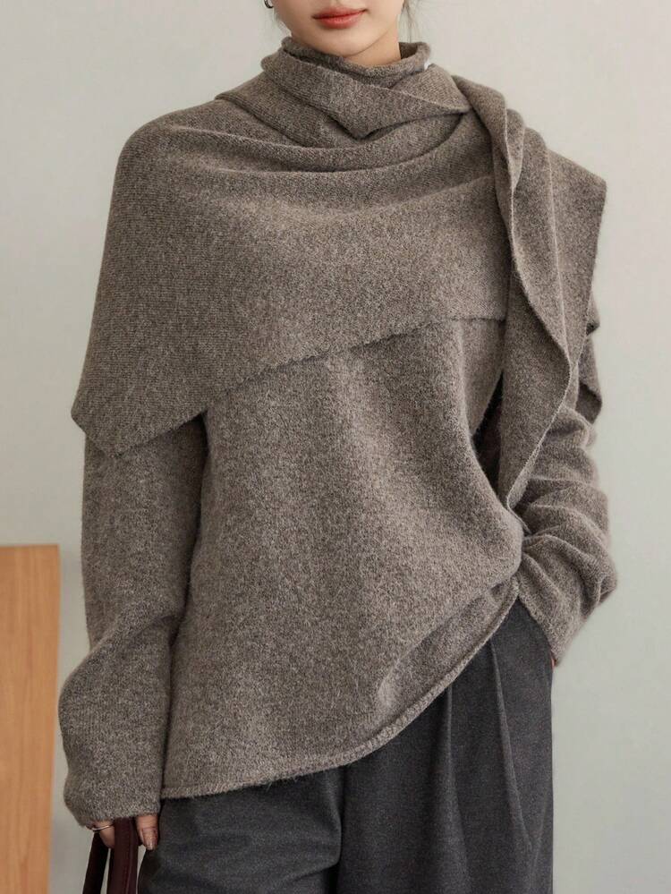 Women's Loose Business Casual Poncho Style Knit Sweater Set, Suitable For Office Wear In Autumn And Winter