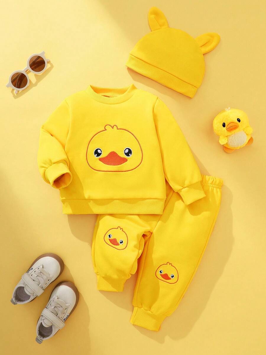 SHEIN Playful Pals 3pcs Baby Boy Autumn Yellow Sweatshirt Set, Cute Embroidered Pattern, Essential For Daily Outings Fall Winter