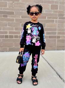 SHEIN 2 piezas Conjunto de sudadera con estampado de graffiti para niñas, conjunto deportivo de otoño - Negro - Ver 1