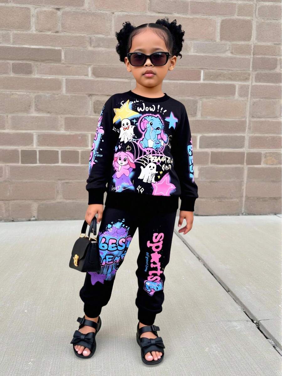 SHEIN 2 piezas Conjunto de sudadera con estampado de graffiti para niñas, conjunto deportivo de otoño - Negro - Ver 1