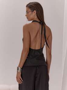 MUSERA Top longo drapeado com decote halter, elegante e sexy, para ocasiões especiais como festas de fim de ano, férias, outono, com sobreposições, perfeito para primavera e verão. - Preto - Ver 2