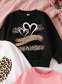 SHEIN 3pcs/Set Young Girl Casual Minimalistic Heart & Leopard Print Loose Thick Fleece Sweatshirts In Black, White, Pink For Autumn/Winter - Multicolor - View 3
