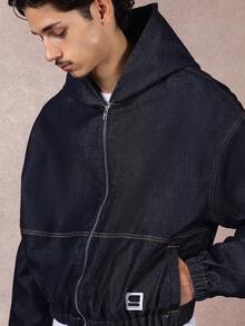 SUMWON Áo khoác denim lửng có mũ trùm đầu màu tối, quần jean oversized có khóa kéo, áo khoác ngoài, thời trang dạo phố, viền thun, mùa đông, mùa thu, thường ngày - Màu xanh lam - Xem 4