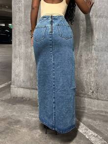 StreetHx Váy mini denim xẻ cao phong cách đường phố gợi cảm - Rửa trung bình - Xem 2