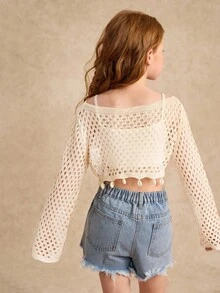 少女镂空短袖轻薄罩衫，欧美度假风，春夏季