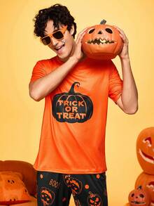 万圣节趣味印花南瓜图案休闲家居睡衣上衣男士 T 恤 - 橘色 - 查看 2