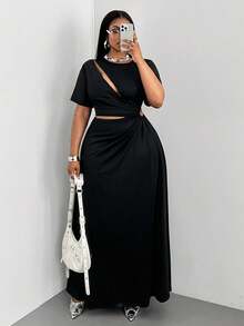 Maweii 大码女式优雅纯色不对称镂空短袖连衣裙