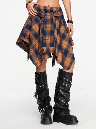 Grunge Punk Grunge Vintage Plaid Lace-Up Asymmetrical Layered Skirt