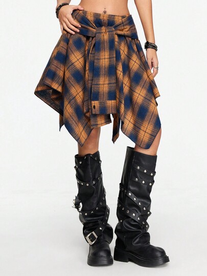 Grunge Punk Gonna asimmetrica a strati con lacci e motivo tartan vintage stile grunge