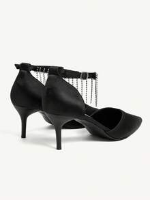 CUCCOO CHICEST Women's Pointed Toe Rhinestone Pendant Mid Heel Pumps, Elegant Luxurious Romantic Gothic Fashion Sexy Black Satin High Heels, Hollow Out Formal Dress Shoes For Wedding, Party, Cocktail, Holiday - Black - View 11