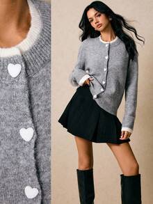 Poéselle Women's Long Sleeve Heart Button Design Casual Knitted Cardigan In Fall/Winter - Grey - View 2