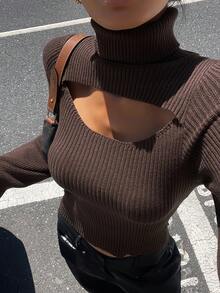 Livesso 女式纯色镂空紧身高领长袖毛衣秋季 - 棕色 - 查看 1