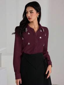 Heiryn Women's Elegant Commuter Rhinestone Decorated Blouse,Red Top - Burgundy - View 3