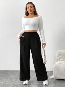 SHEIN Essnce Plus Size Women's Autumn And Winter Fashion Casual Loose Daily Comfortable Retro Gray Elastic Waist Wide Leg Pants,Women Bottom,Work Pants,Fall Outfits,Old Money,Vintage Pants,Curve Pants,Fall Clothes For Women